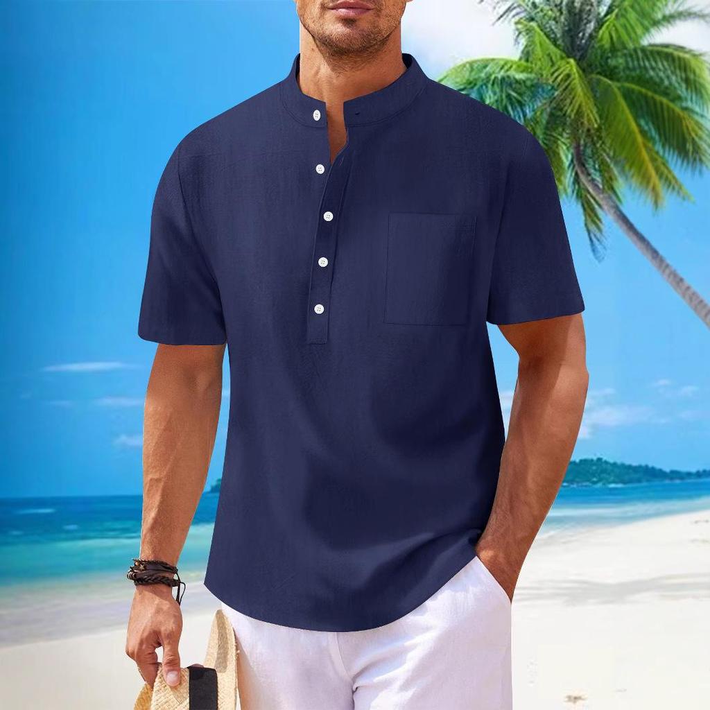 Men’s Cotton Linen Stand Collar Short Sleeve Henley Shirt - Casual & Versatile