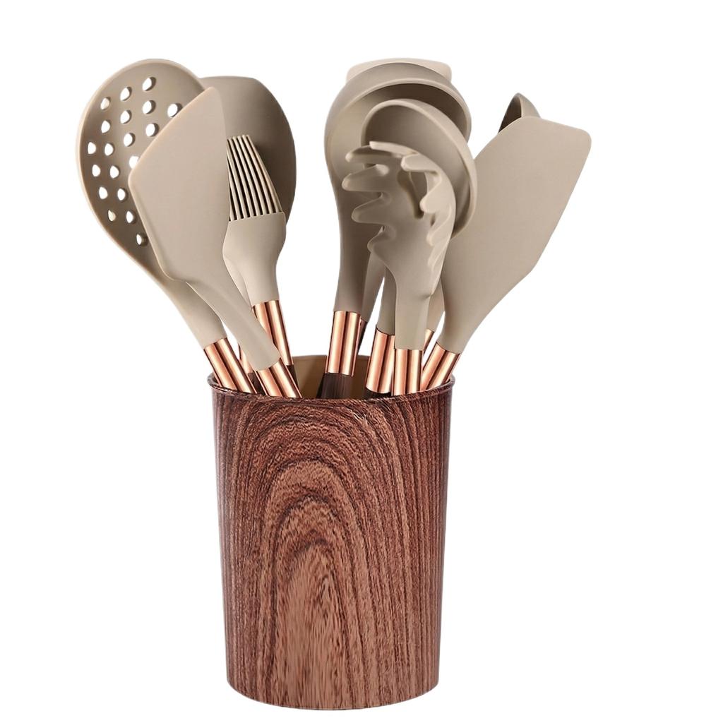 English: Silicone Cooking Utensils Set Nonstick Spatula Spoon Gold Wood Grain Handle