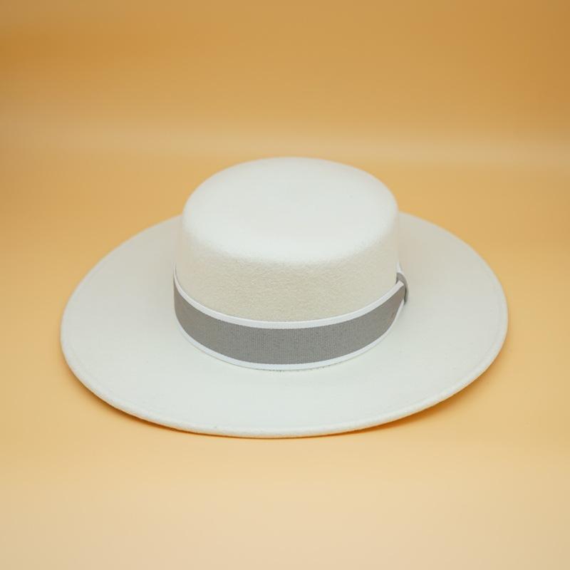 French Celebrity Retro Bow White Wool Woolen Flat Top Top Hat Women'S Autumn And Winter Foreign Trade Wide Brim British Versatile Felt