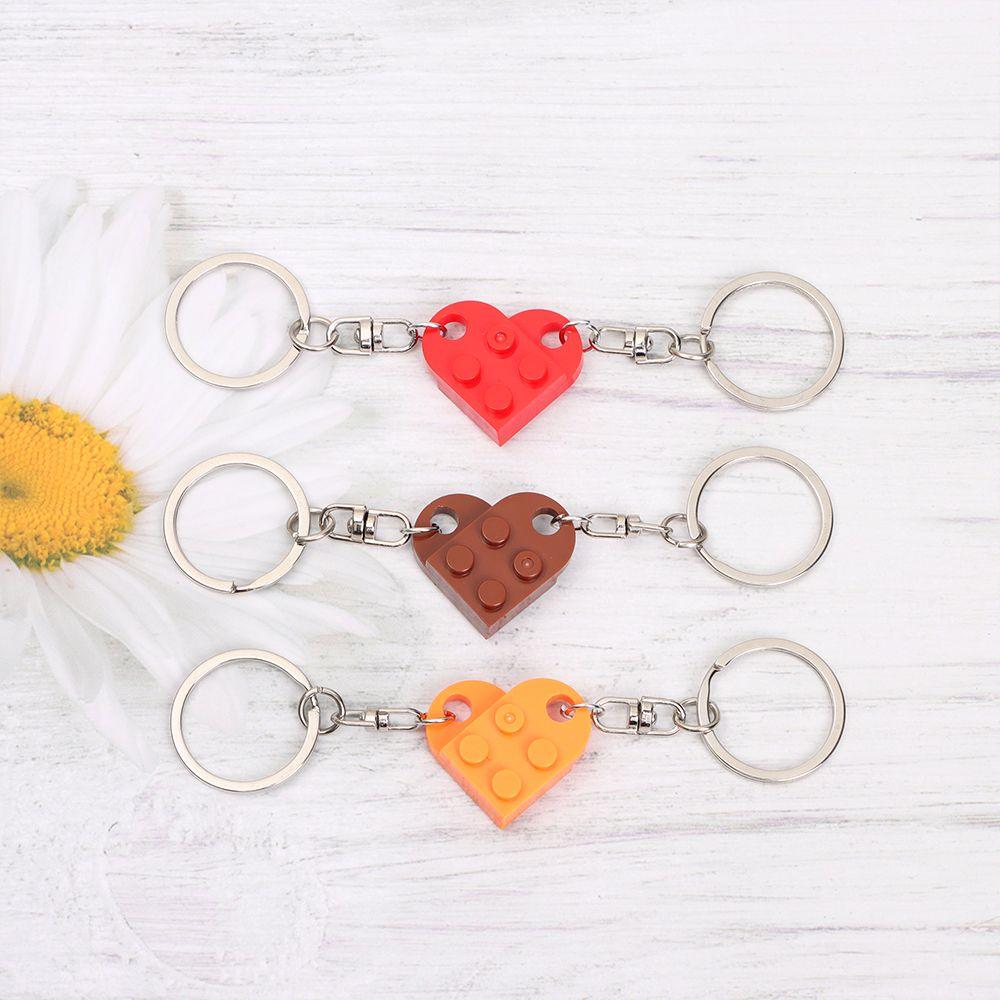 2PCS Love Heart Cute Couples Friendship Building Block Key Ring Key Buckle Heart Pendant