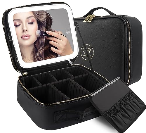 MOMIRA Makeup Box with Mirror, Cosmetic Storage Box, Cosmetic Case with Adjustable Dividers, 3-Color Adjustable LED Light, and Makeup Brush Case, Hand