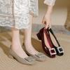 Square Head High Heels Spring Rhinestone Square Buckle Low Heel Red Wedding Shoes French Light Mouth Single Shoes Thick Heel
