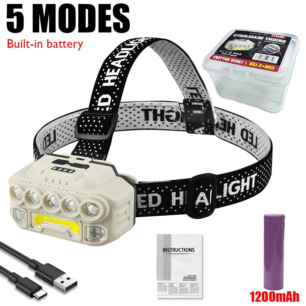 High Power LED Headlamp USB C Rechargeable Headlight 18650 Waterproof Head Lamp Cap Work Light Blue Red Flashing Emergency Light