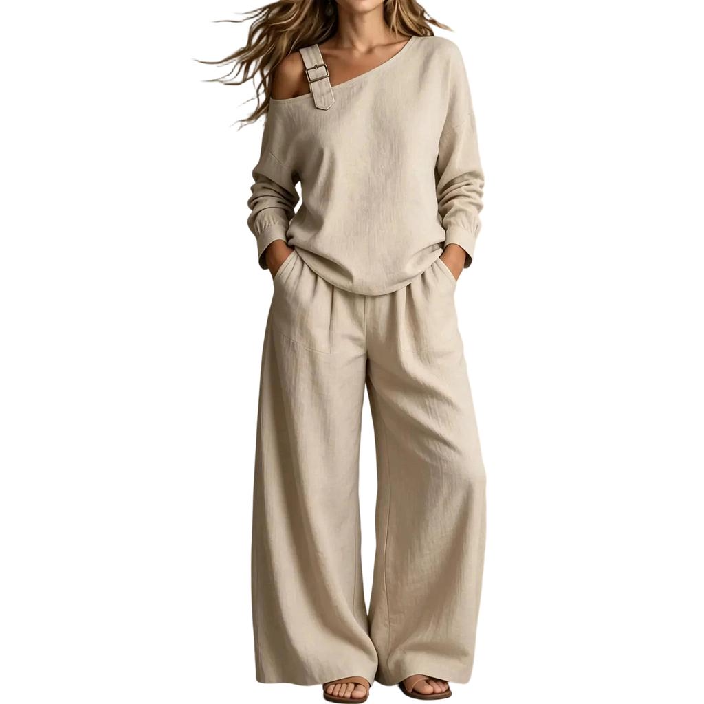 Women's Color Off Shoulder Long Sleeve Two Piece Set with Pockets and Pants