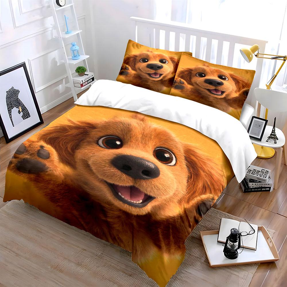 3Pcs Cute Golden Retriever Bedding Set, Adorable Puppy Face Print Duvet Cover + 2 Pillowcases, Dog Lover Decor