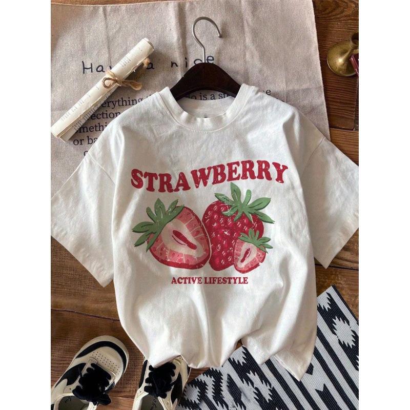 Pure cotton summer new cute strawberry pattern print casual short-sleeved T-shirt women S