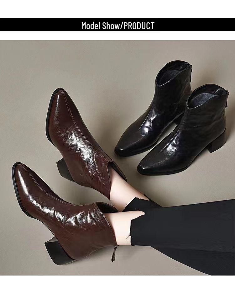 Women's Retro Brown Slimming Leather Ankle Boots - Soft, Velvet-Lined, Square Toe, Perfect for Autumn and Winter Fashion