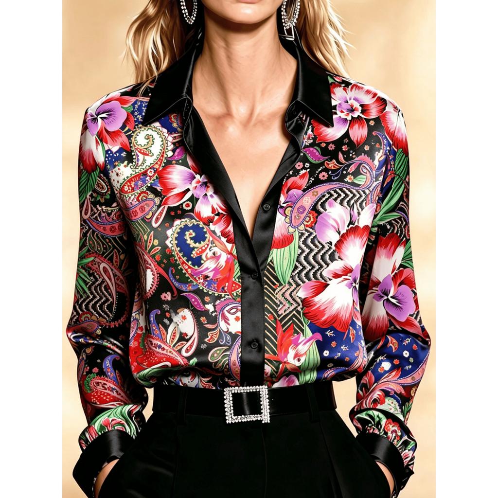 European Style Satin Printed Long Sleeve Blouse, Women Lapel Collar Flowy Office Top