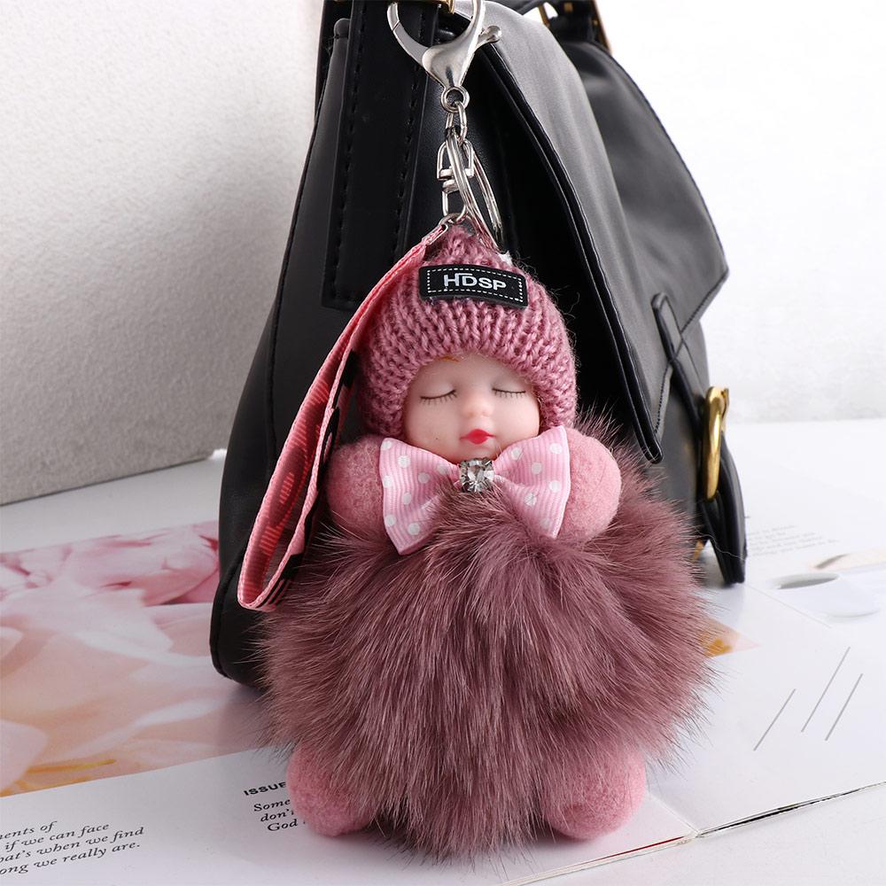 Cars Key Ring Jewelry Gift Sleeping Baby Doll Pompom Keyring Fluffy Plush Doll Plush Keychain