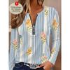 Spring and Autumn Ladies Half Zipper Long Sleeve T-Shirt Blue and White Vertical Small Floral Pattern Printing