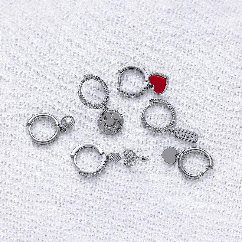 925 Sterling Silver 6-piece Earring Female Set Smiley Heart Lucky Hoop Earrings Personal Party Jewelry Gift