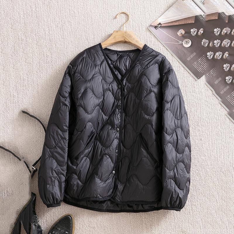 Collarless rhombus light and thin down jacket for women, light and ultra-thin, inner and outer wear, large size V-neck short jacket tide
