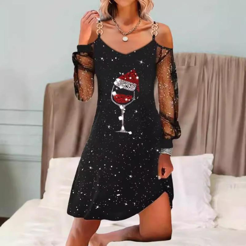 Damenmode Frühling Herbst Einfarbiger Druck Langarm V-Ausschnitt Hohe Taille Freizeitkleider