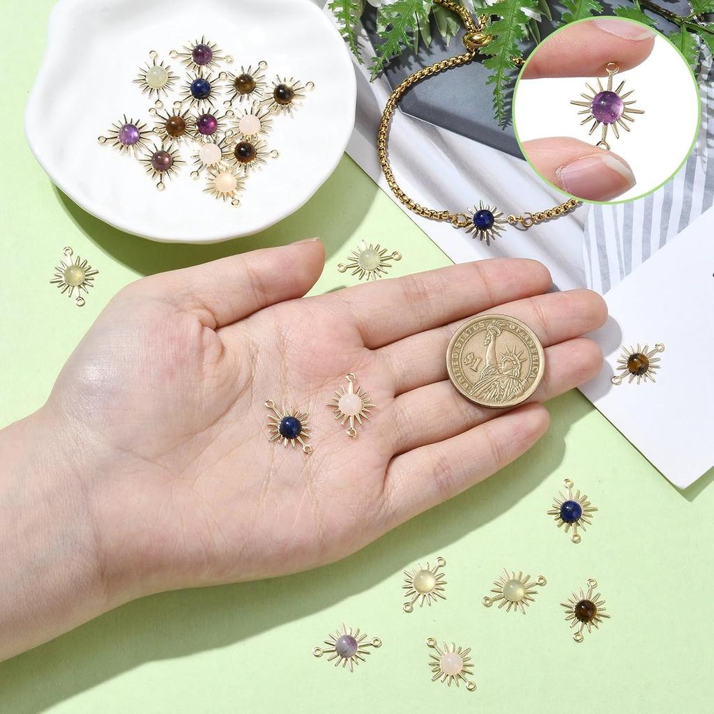 Ipotkitt 30 Pcs Natural Mixed Gemstone Connector Charms Sun Stone Charms Links Celestial Stone Charms for Jewelry Making DIY Craft Findings