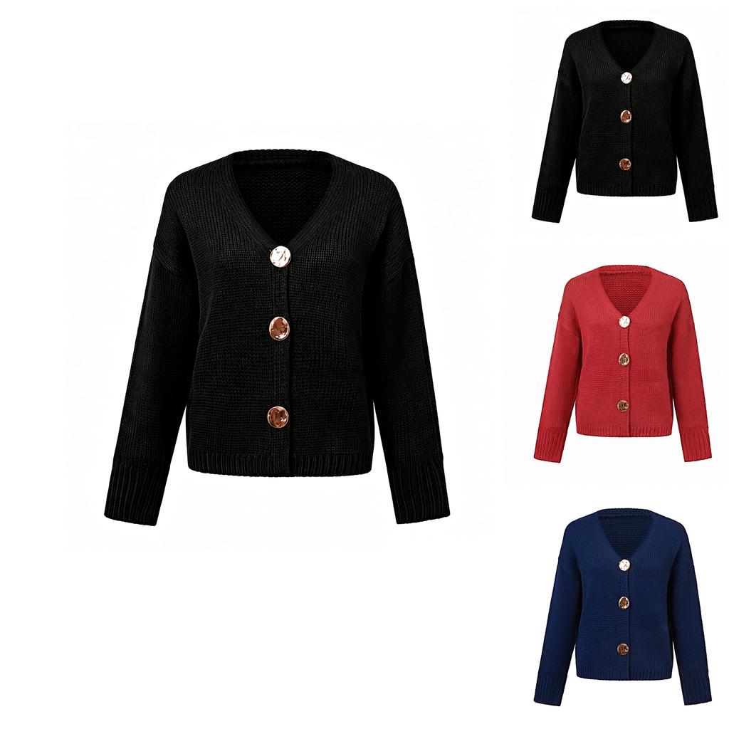 Women's Color Oversized Round Neck Long Sleeve Knit Cardigan with Large Buttons