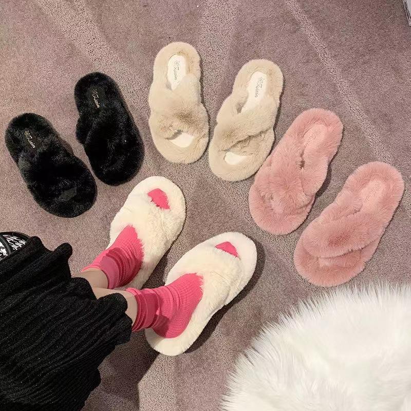 Cotton slippers autumn and winter women's fashion versatile velvet home indoor warm couple fluffy cross with cool slippers outside