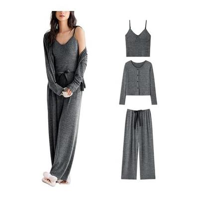 [MilaCorinna] Women's Pajamas 3 Piece Set - Padded Room Wear Top and Bottom Set Plain Loungewear Camisole Long Sleeves Cardigan Included Cute Thin