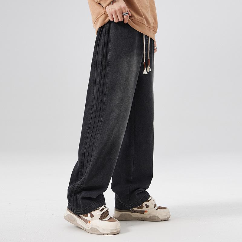

American Jeans Men s Hong Kong Style Retro Old Loose Straight Pants Spring and Autumn High Street Drooping Trousers 3XL чорний