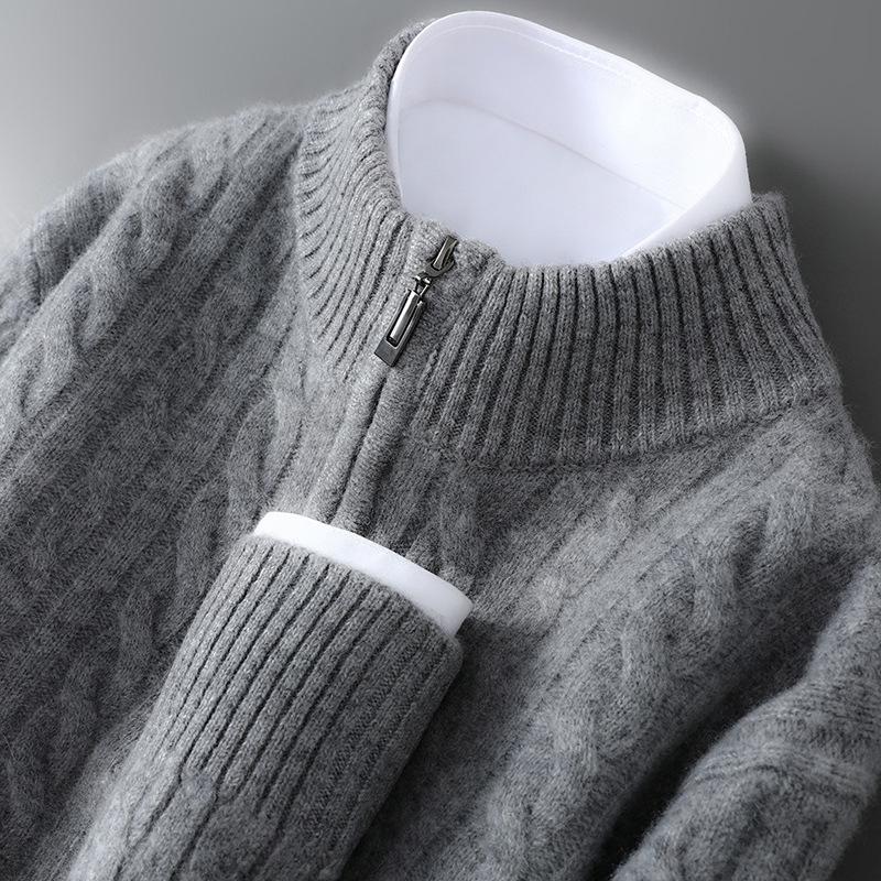 Men's Pure Wool Half-High Collar Cable Knit Zipper Sweater - Thick & Loose for Autumn/Winter