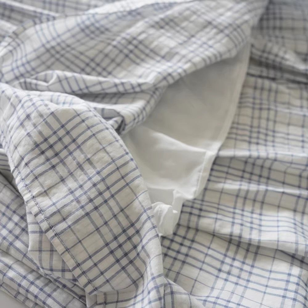 Women's French Romantic Seersucker Checkered A-Line Umbrella Midi Skirt - Light Blue & White Paneled Flared Hem for Summer