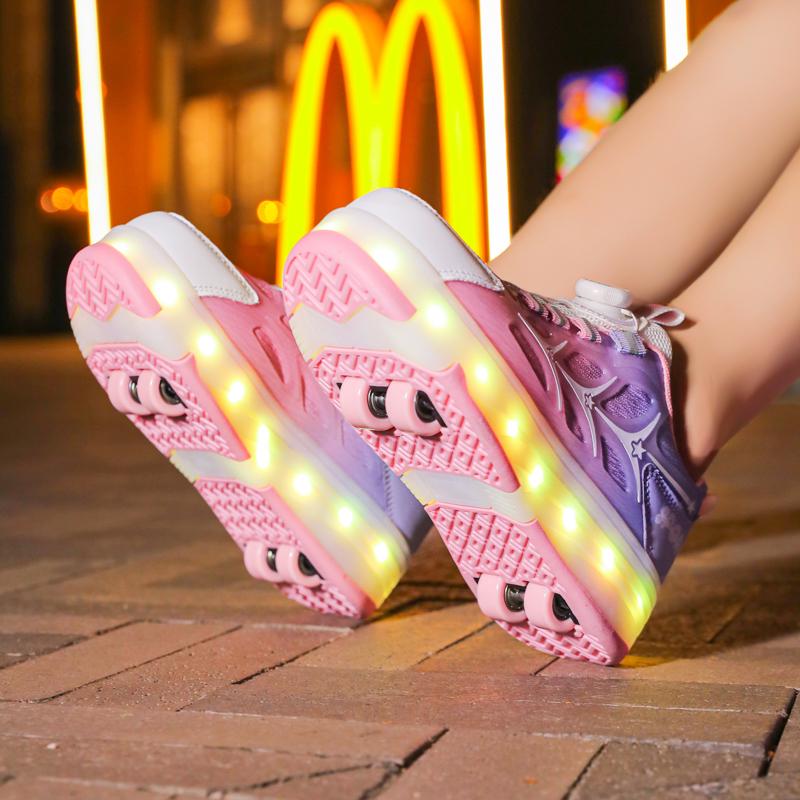 29-40 Lśniące Trampki Dziecięce Buty z Oświetleniem LED Dzieci Chłopcy Dziewczynki Ładowanie USB Świecące Kółka Buty do Parkouru Rolki