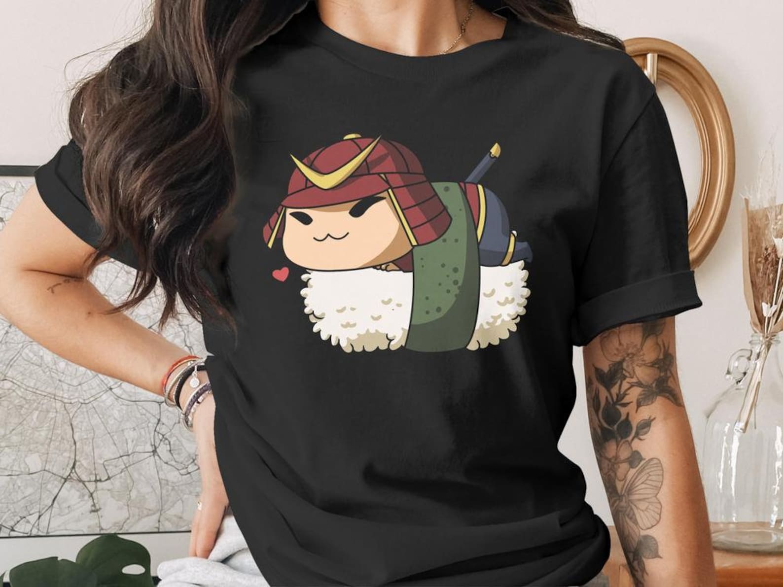 Cute Sushi Samurai T-Shirt, Japanese Anime Gift, Kawaii Anime Sushi Shirt, Cute Japan Manga Art 4XL