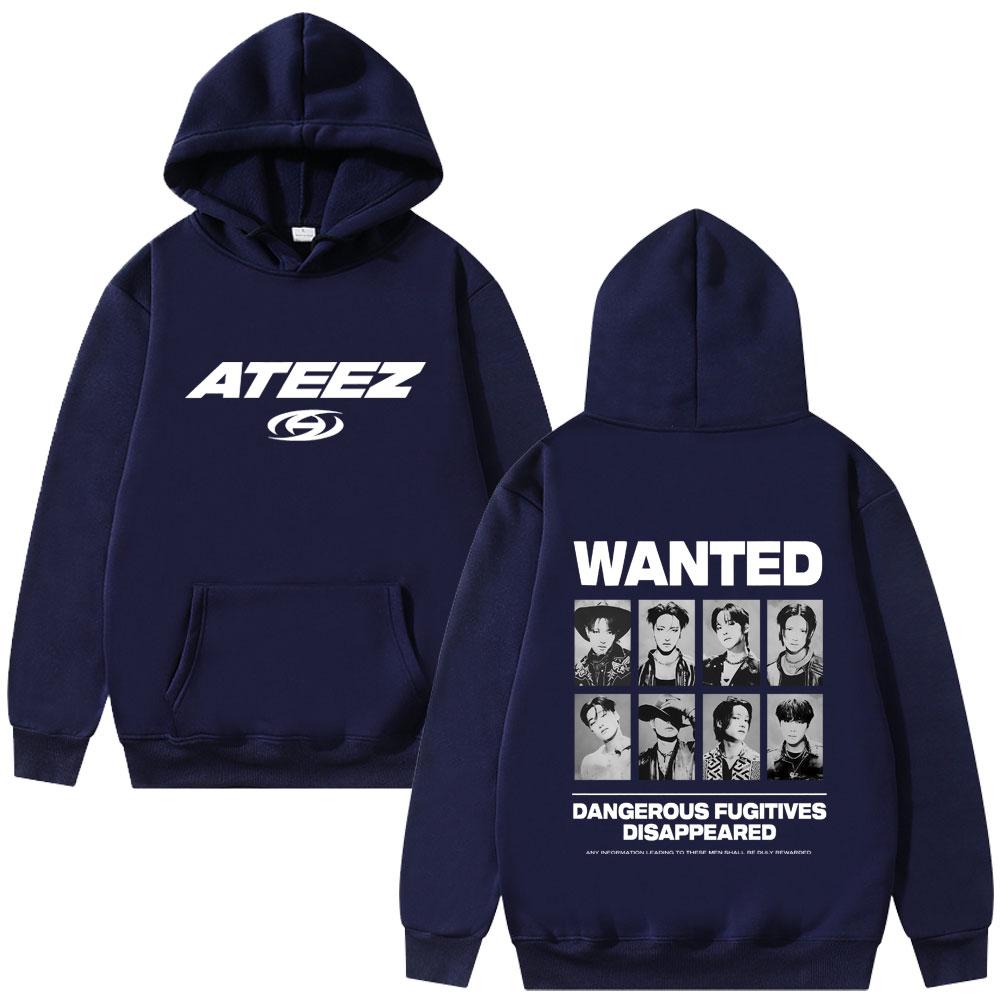 Kpop ATEEZ Wanted Dangerous Fugitives Disappeared Graphic Hoodie Unisex Korean Fashion Trend Hoodies Male Casual Sweatshirt