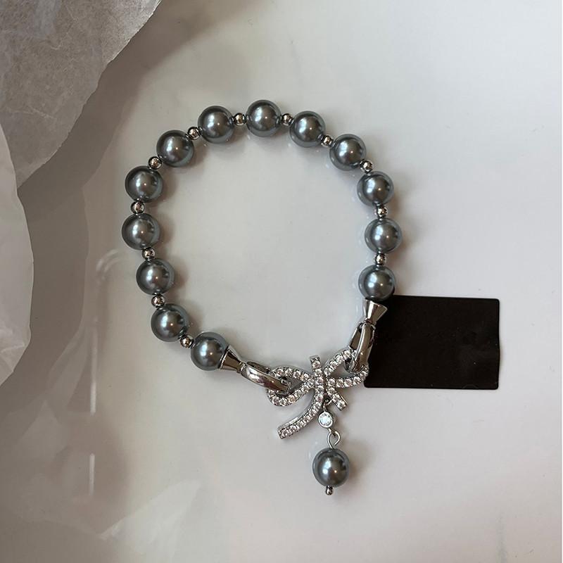 Tahiti Black Shijia Pearl Zircon Bow Pendant Pearl Necklace Fashion Temperament Bracelet Sweater Chain