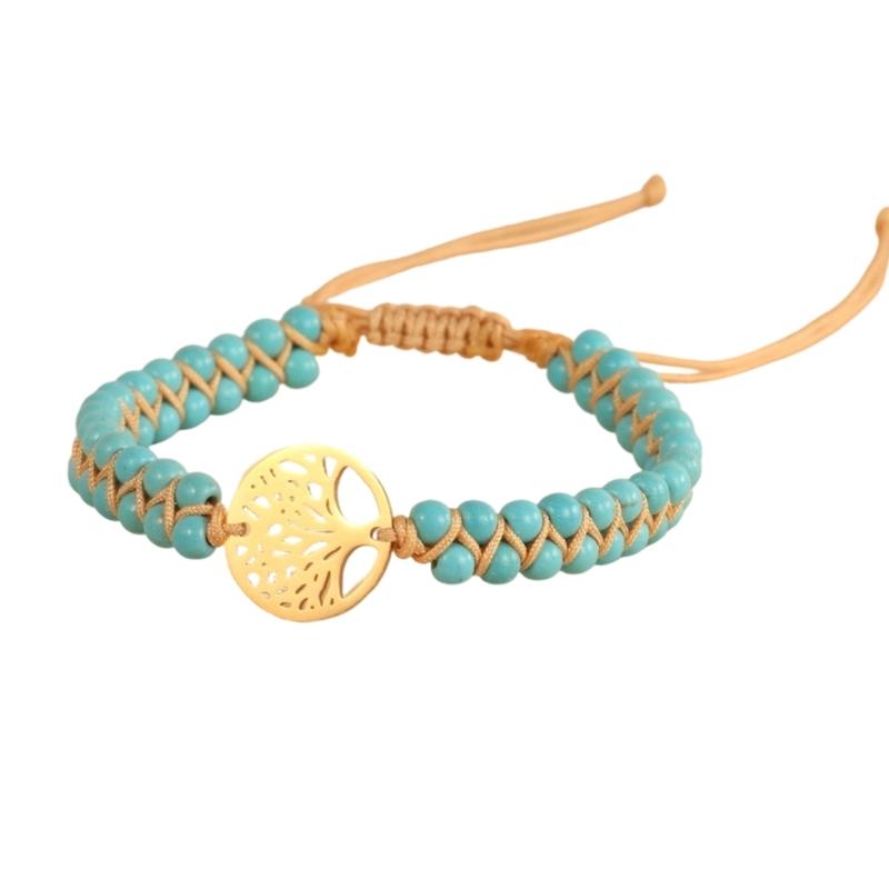 Verstellbares Unisex Armband mit natürlichen Türkisperlen, zweireihig, mit Baum-Anhänger für einen stilvollen Look