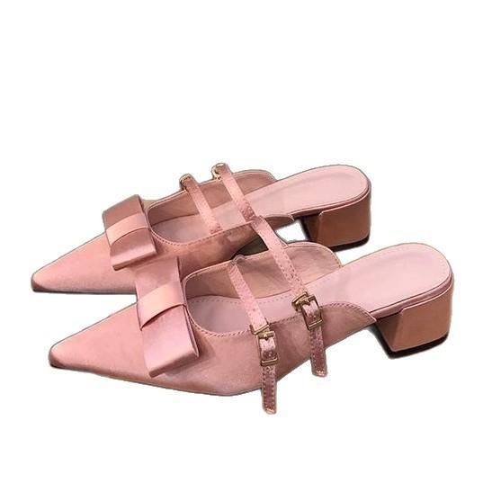 French Bow Bag Head Half Slippers 2025 Summer New Skirt Women Wear Thick Pointed Satin Rare Cool Slippers