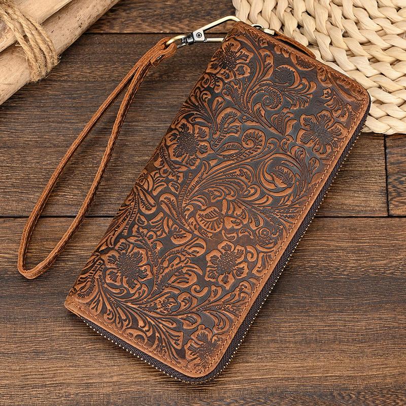 Leather Vintage Long Wallet for men women single zipper leather wallet purse buisness men casual wallet real skin burse for man