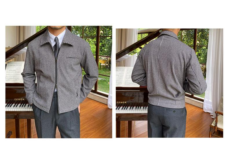 Men's Retro Houndstooth Zipper Jacket - Autumn/Winter Casual Waist-Cinching Lapel Design