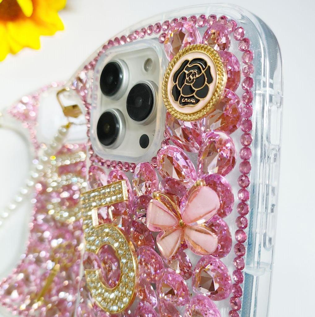 Luxury 14-Diamond Floral iPhone 16 Pro Max Case with Pearl Chain