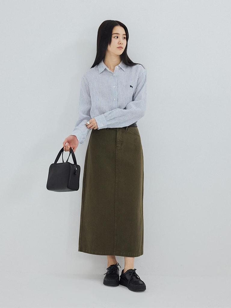 Shi Jian 100% Linen Striped Shirt with Embroidered Horse Design, Loose Fit, Spring Style.