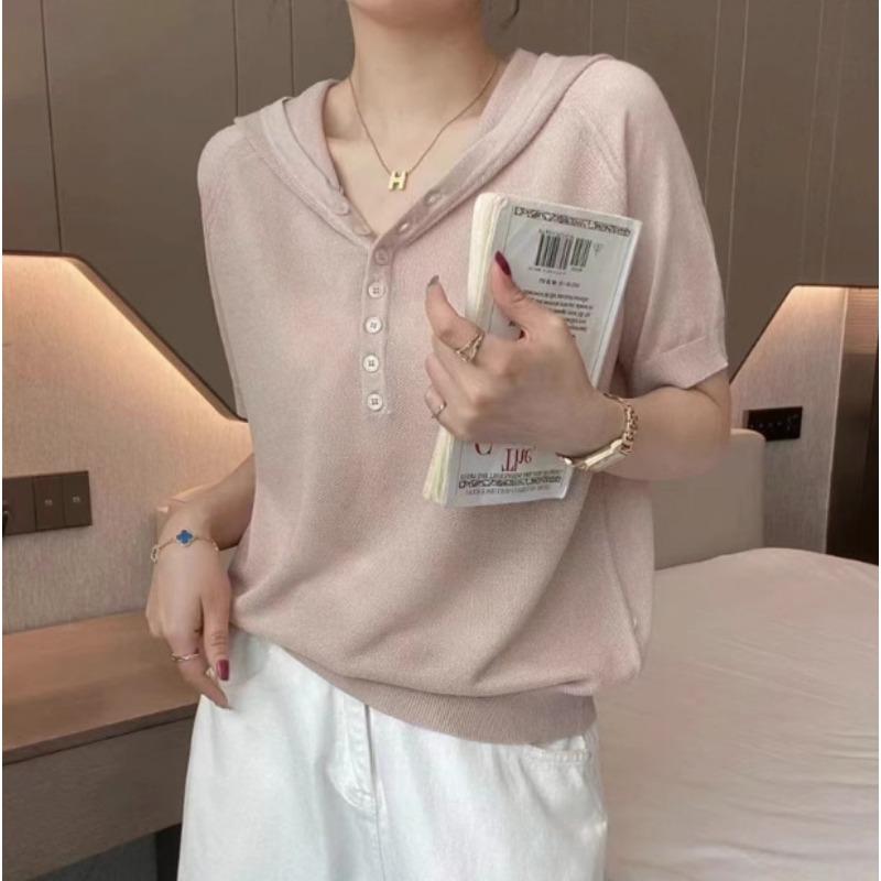 Summer Hooded Knitted T-shirt Women's Loose Ice Silk Top Knitted Sweater Thin