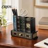 British Style Desk Accessory Wooden Book-Shaped Pen Holder, Retro Organizer with Drawer, Multi Compartment Holder Creative Storage Container for Pens