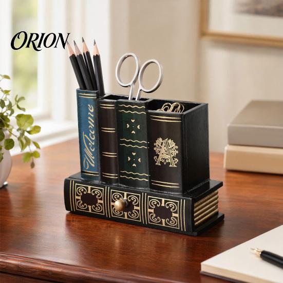 British Style Desk Accessory Wooden Book-Shaped Pen Holder, Retro Organizer with Drawer, Multi Compartment Holder Creative Storage Container for Pens