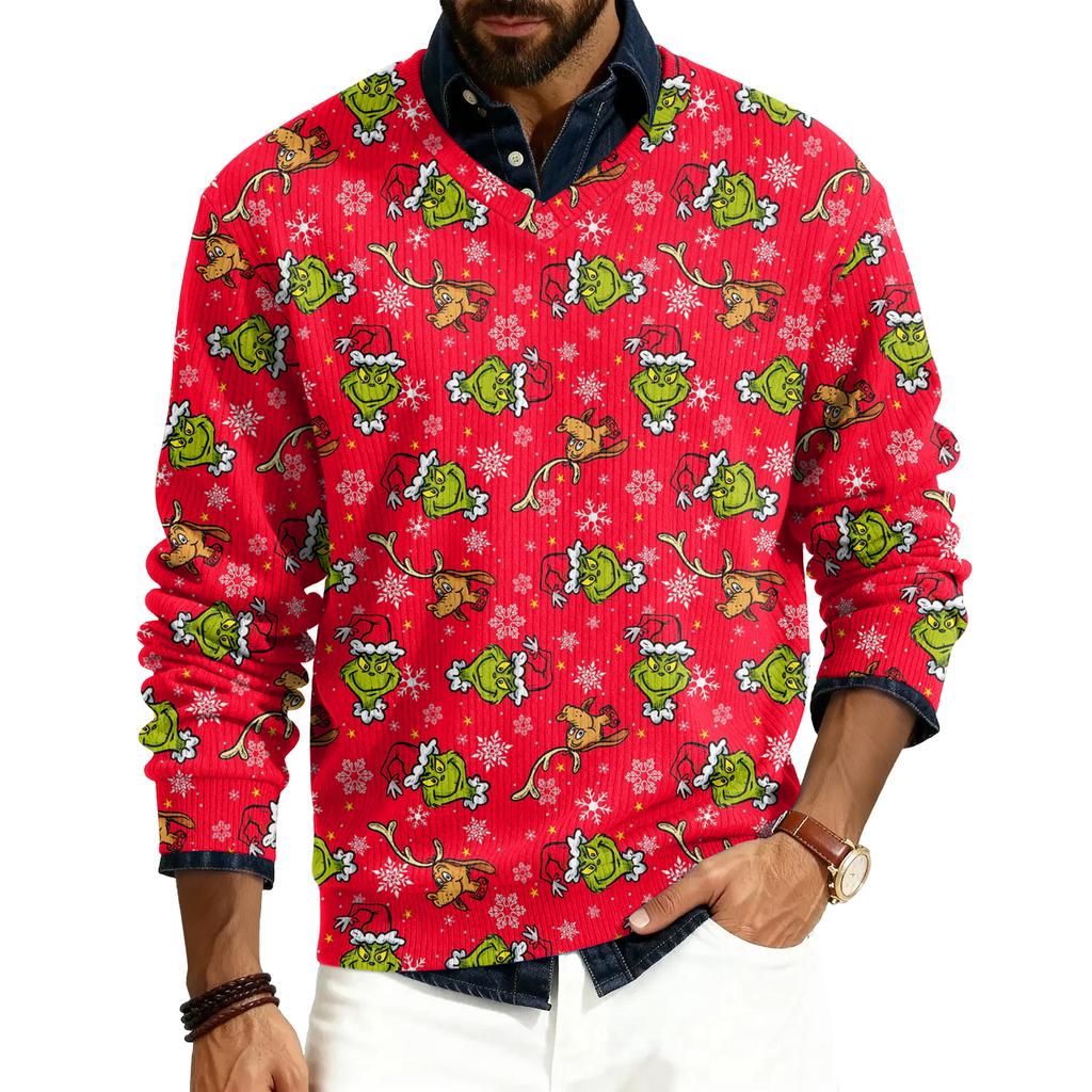 Men's V-neck Long Sleeve Ribbed Knit Pullover