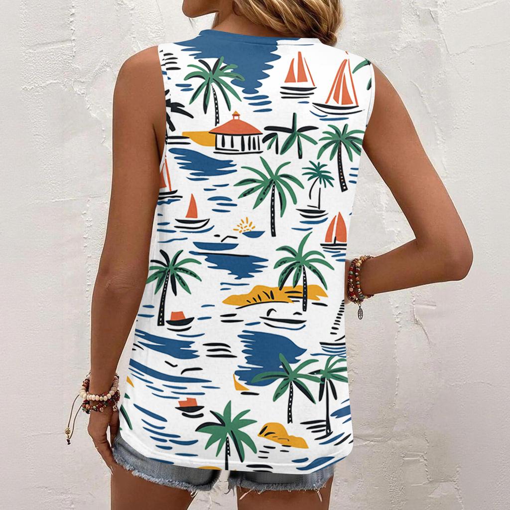 Dámské letní ležérní plisované tílko bez rukávů se čtvercovým výstřihem s potiskem