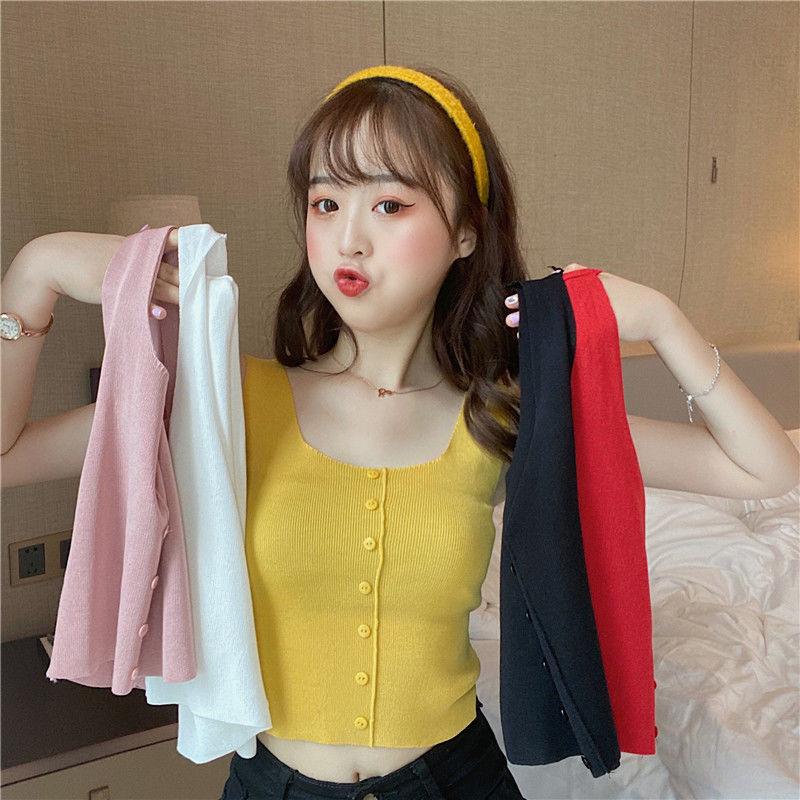 Summer New Korean Version of Simple Knit Sleeveless Jacket Buttons Carefully Machine Solid Color Short Small Vest Women