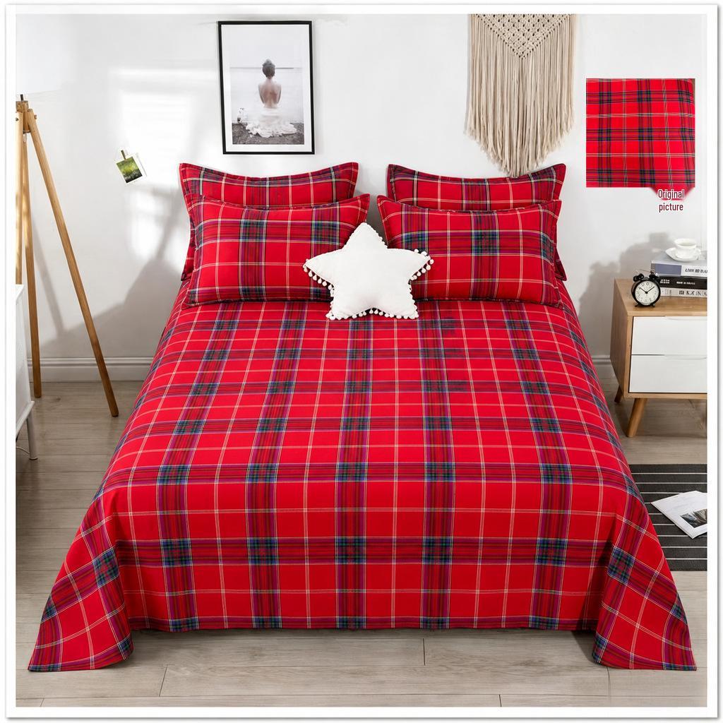 Plaid Thickened Coarse Cloth Bed Sheet Set - 4 Pieces, Breathable & Skin-Friendly for Dorms