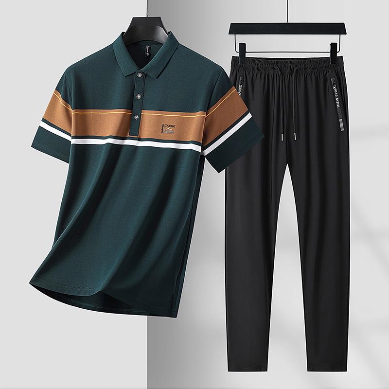 Men's Striped Polo Shirt & Pants Set - Summer Casual, Breathable Ice Silk, Short Sleeve, Loose Fit