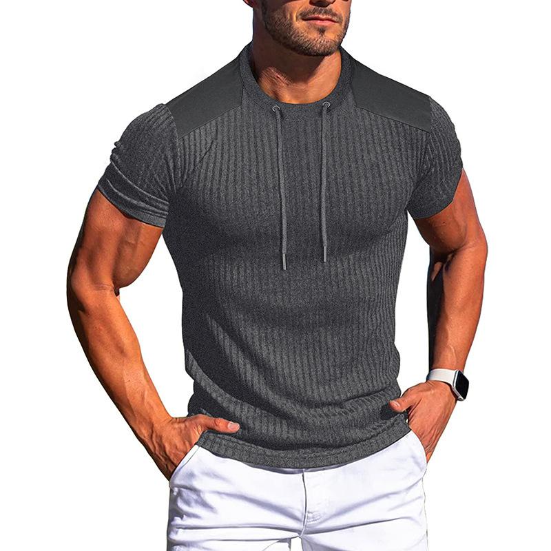 

Men s Dark Grey Ribbed Knit Drawstring Neck Short Sleeve Form Fitted Casual T-Shirt S серый