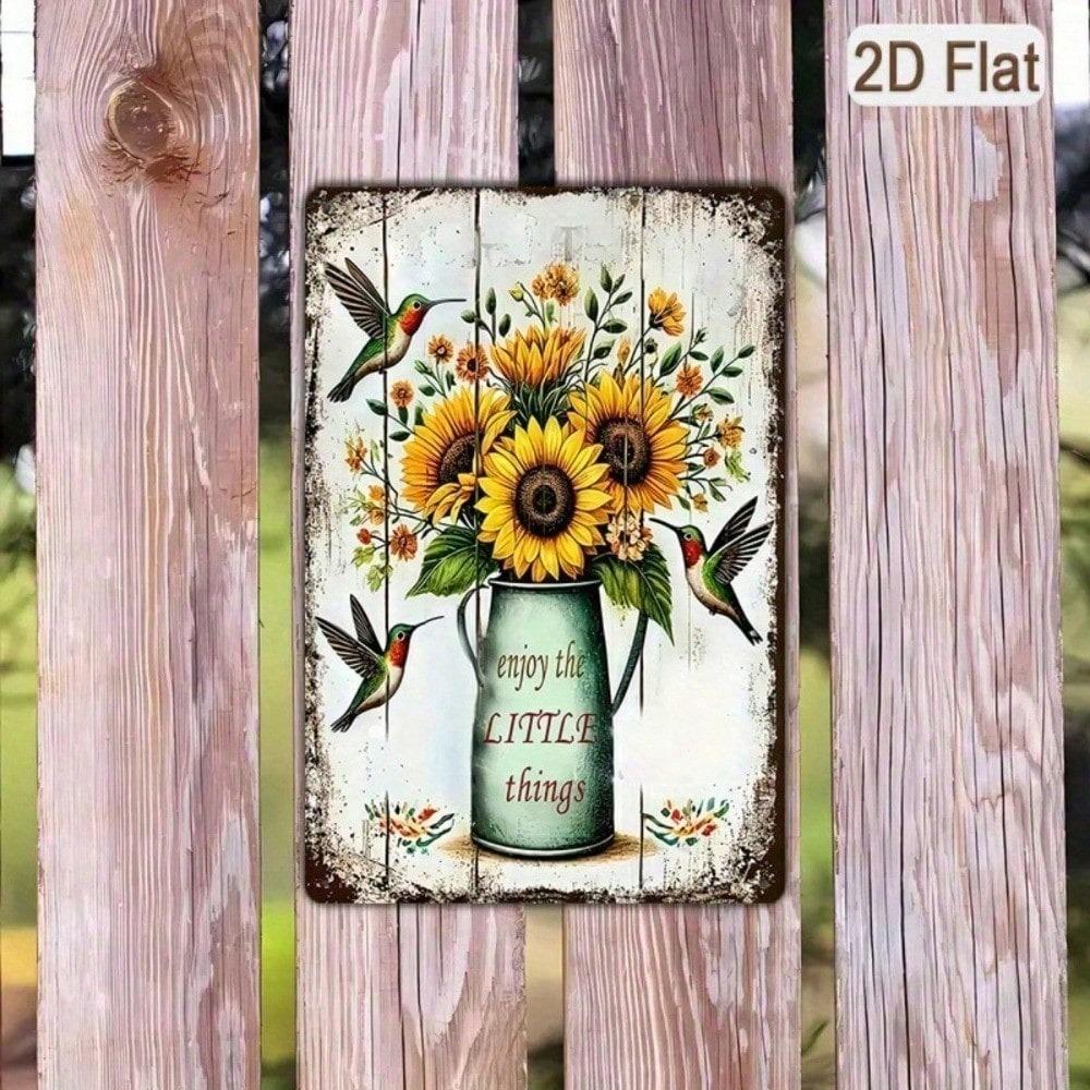 1PC Sunflower Hummingbird Metal Tin Sign, Rustic Farmhouse Wall Decor With Quote Enjoy The Little Things