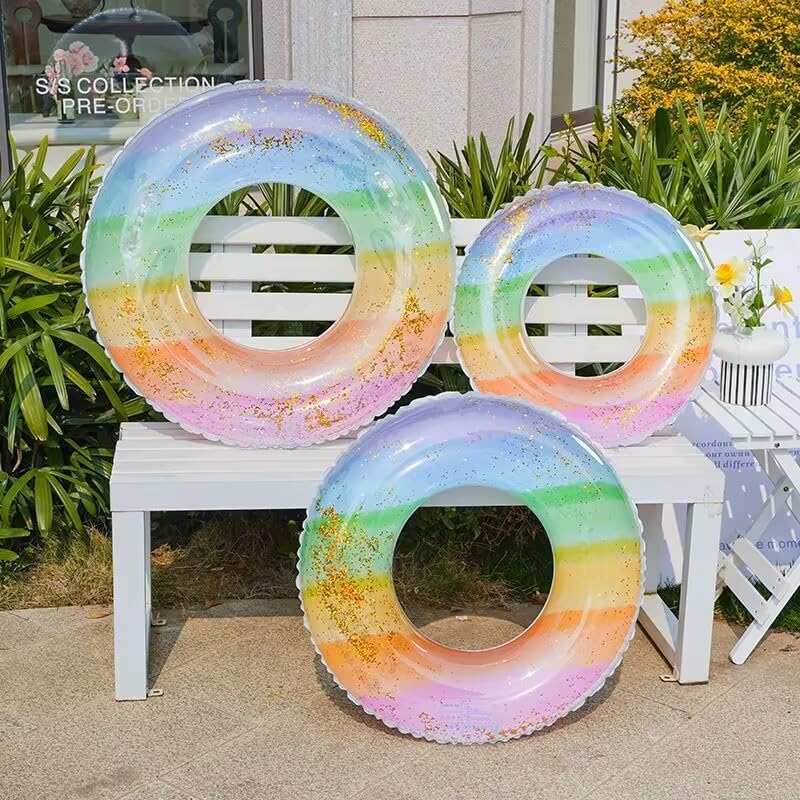 ZOUZJUN Inflatable Ring 90CM # Handleless Cute Rainbow Inflatable Ring for Adults Large Translucent Colored Float Glitter Swimming Sea Pool Beach