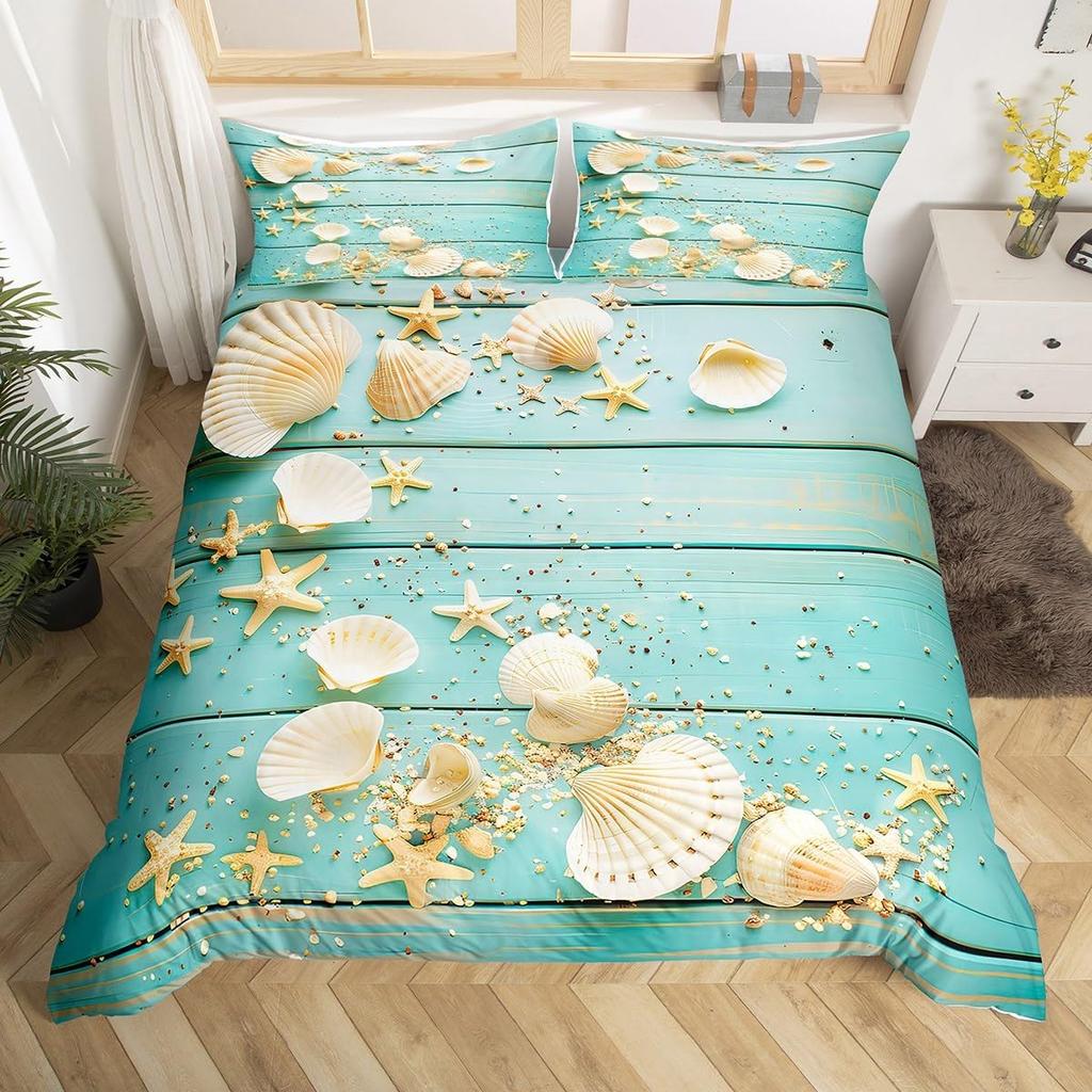 Summer Beach Theme Duvet Cover Twin Queen, Starfish Conch Seashell Bedding Set for Boys Girls Bedroom, Ocean Animal Bed Cover