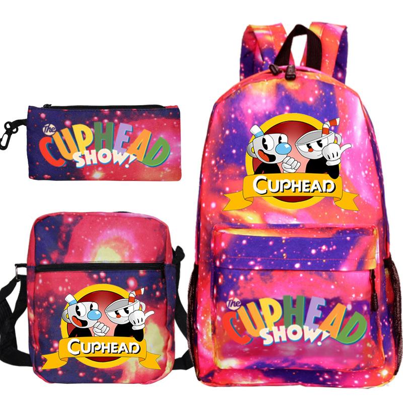 Cartoon Teacup Head Cuphead Student School Bag Backpack Three-piece Set Children's Shoulder Bag Pencil Bag