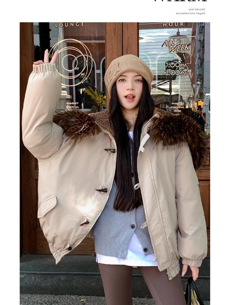 Horns Buckle Big Fur Collar Hooded Cotton-padded Jacket Women's Short Workwear Parkas