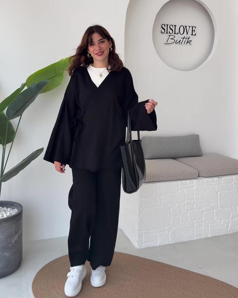 2025 Autumn Women's Crossover Collar Cardigan & Long Pants Set - Solid Color, Long Sleeve, Casual