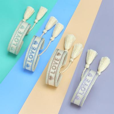 Gold LOVE Thread Woven Bracelet: European & American Embroidery Letter, Handmade Tassel Design
